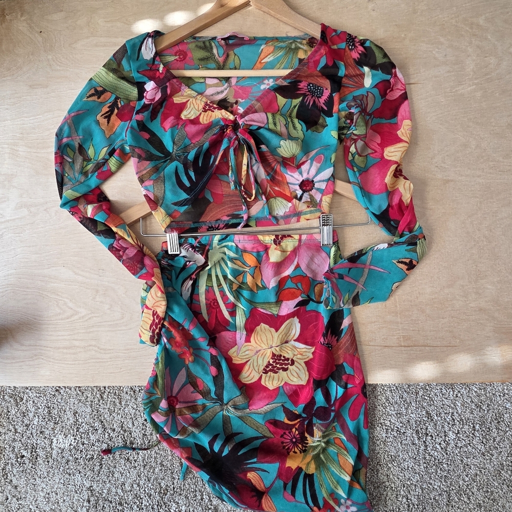 Vibrant Multicolor Vacation Two Piece Skirt Long Sleeve Set